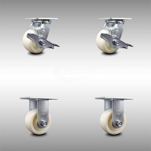 4 Inch Stainless Steel Nylon Caster Set with Ball Bearings 2 Brakes 2 Rigid SCC